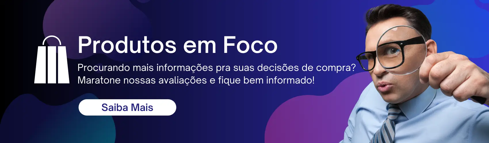 homem com lupa e chamada para visitar categoria Produtos em Foco
